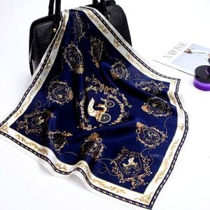 Scarf Headwraps for Women Silk Scarf Navy Satin Print 35 x 35